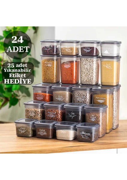 433-GR 24 Lü Etiketli Çok Amaçlı Kare Erzak Baharat Saklama Kabı Seti 1.90 x 8 Adet, 1.30 x 8  Adet, 0,60 x 8 Adet  -Gri