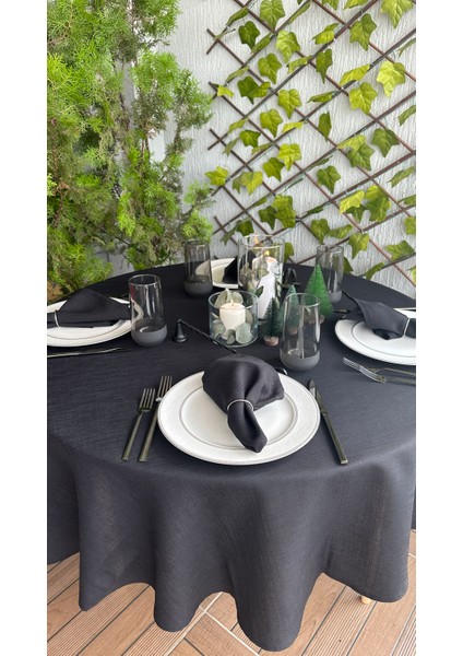 Keten Dokulu Dertsiz Siyah Yuvarlak Masa Örtüsü fırsatları