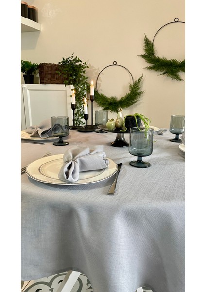 Keten Dokulu Dertsiz Gri Yuvarlak Masa Örtüsü