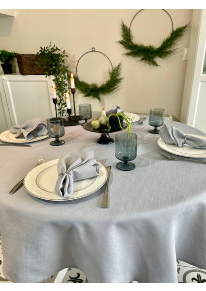 Keten Dokulu Dertsiz Gri Yuvarlak Masa Örtüsü modelleri