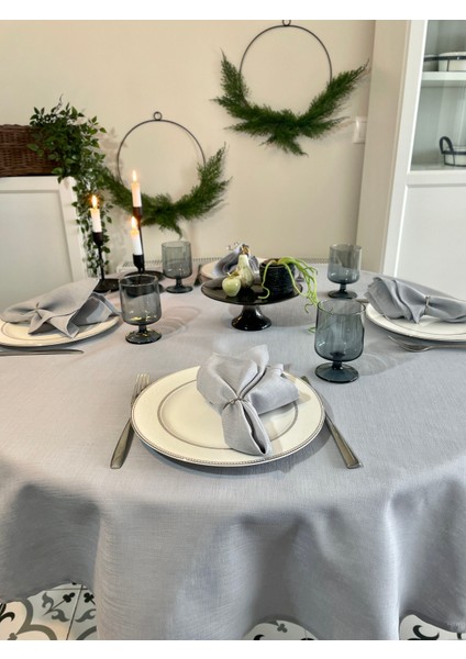 Keten Dokulu Dertsiz Gri Yuvarlak Masa Örtüsü fırsatları