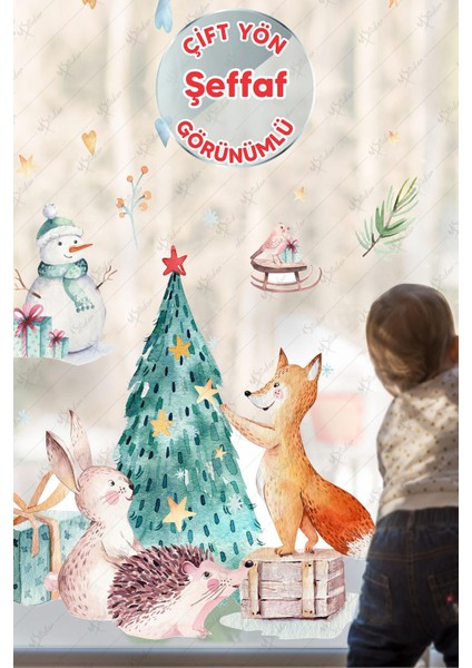 Yılbaşı Ağacı ve Sevimli Hayvanlar Cam Duvar Sticker Seti, Yılbaşı Sticker Yılbaşı Süsü