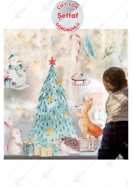 Yılbaşı Ağacı ve Sevimli Hayvanlar Cam Duvar Sticker Seti, Yılbaşı Sticker Yılbaşı Süsü fiyatları