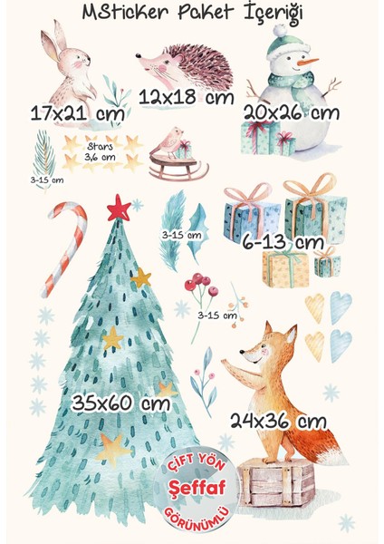 Yılbaşı Ağacı ve Sevimli Hayvanlar Cam Duvar Sticker Seti, Yılbaşı Sticker Yılbaşı Süsü modelleri