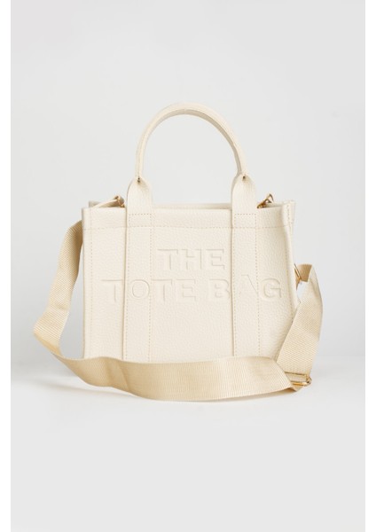 Kadın The Tote Bag Beyaz Fermuarlı Suni Dokulu Deri Minimal El Kol ve Omuz Çantası
