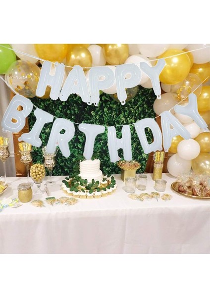 Happy Bırthday Beyaz Renk Folyo Balon Seti