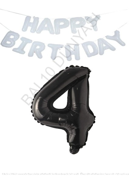 Beyaz Happy Bırthday Set ve Siyah Rakam Folyo Balon Seti Yaş 4