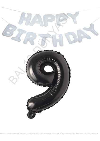 Beyaz Happy Bırthday Set ve Siyah Rakam Folyo Balon Seti Yaş 9