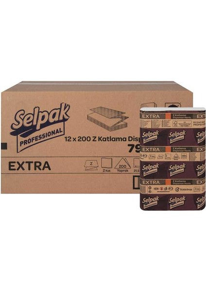 Extra Dispenser Kağıt Havlu - Z Katlama Havlu - 2 Kat - 200 Adetlik 12 Paket / Koli