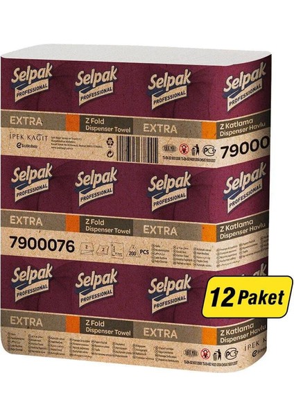 Extra Dispenser Kağıt Havlu - Z Katlama Havlu - 2 Kat - 200 Adetlik 12 Paket / Koli