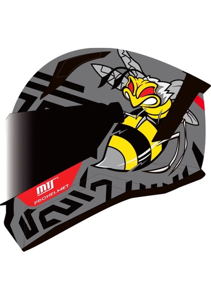 M-910 Bee Full Face Kask Siyah Gri Sarı Renkli Güneş Vizörlü Fiber Malzeme