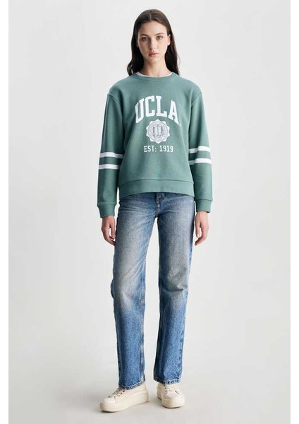 Roısın Yeşil Bisiklet Yaka Baskılı Loose Fit Kadın Sweatshirt fiyatları