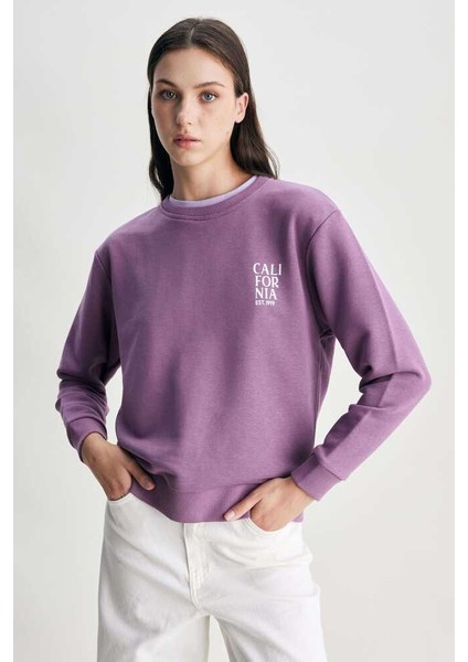 Alıce Mor Bisiklet Yaka Baskılı Loose Fit Kadın Sweatshirt