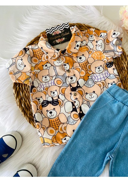 Miniğimincicileri Baby Bu Ayıcıklı Gömlekli Şık Bebek Takım - Turuncu