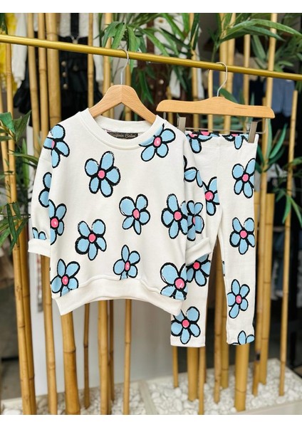 Çiçek Baskılı Fitilli Taytlı Alt üst takım - Krem