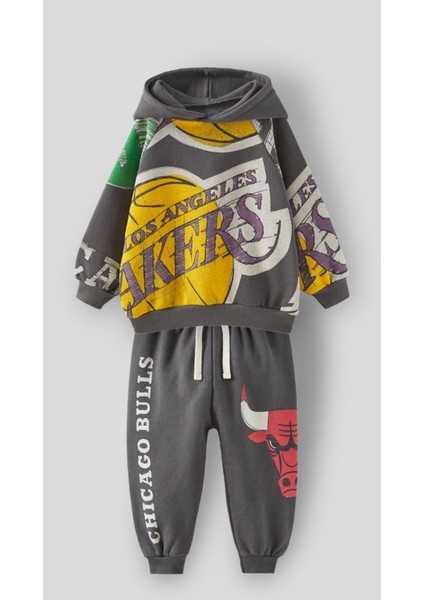 Erkek Çocuk Siyah Basketbol Kapüşonlu Sweatshirt Eşofman - Füme