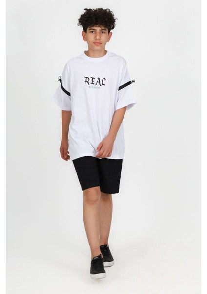 7-14 Yaş Şortlu Real Oversize Erkek Çocuk Takım-Beyaz