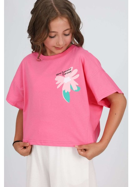 8-14 Yaş Çiçek Baskılı Tşört Yırtmaç Detaylı Bol Pantolon Kız Takım