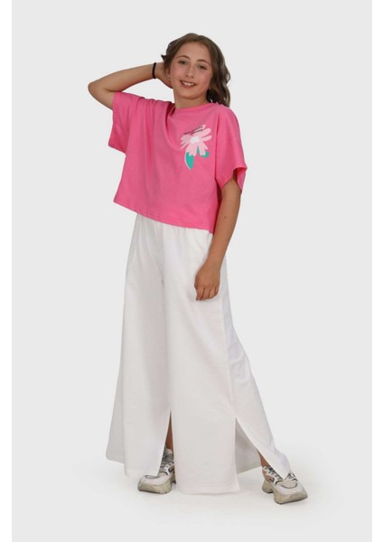 8-14 Yaş Çiçek Baskılı Tşört Yırtmaç Detaylı Bol Pantolon Kız Takım fiyatları