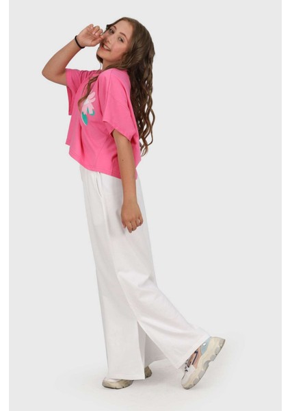 8-14 Yaş Çiçek Baskılı Tşört Yırtmaç Detaylı Bol Pantolon Kız Takım fırsatları