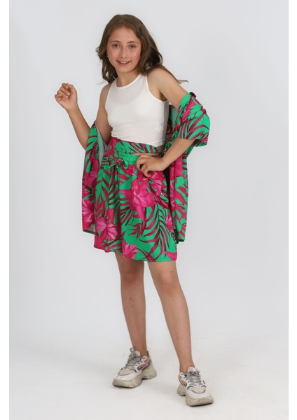 7-14 Yaş Tropikal Desen Genç Tarz 3 Lü Takım-Fuşya