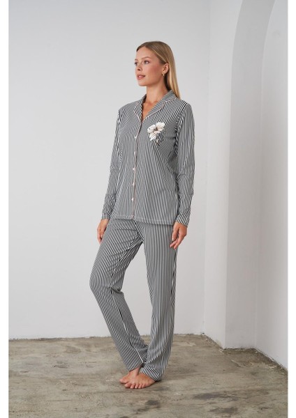 24504 Kadın Düğmeli Çizgili Pijama Takım fırsatları
