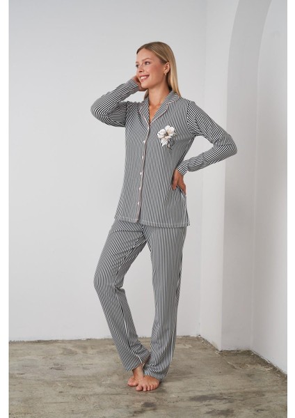 24504 Kadın Düğmeli Çizgili Pijama Takım indirimleri