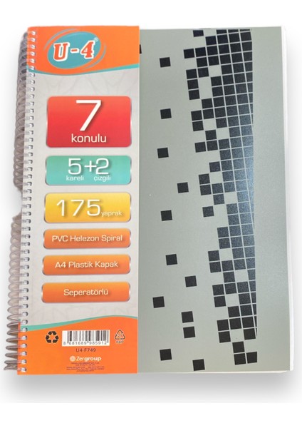 U4 5+2 175 Ypr A4 Spr. Ayraçlı Defter 5 Kareli 2 Çizgili