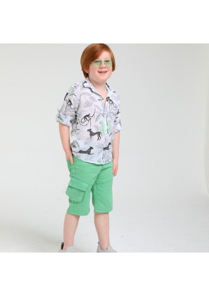 Minigimin Cicileri Safari Desenli Erkek Çocuk Kol Katlamalı Gömlek - Yeşil