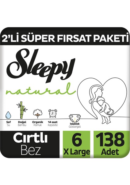 Natural 2'li Süper Fırsat Paketi Bebek Bezi 6 Numara Xlarge 138 Adet
