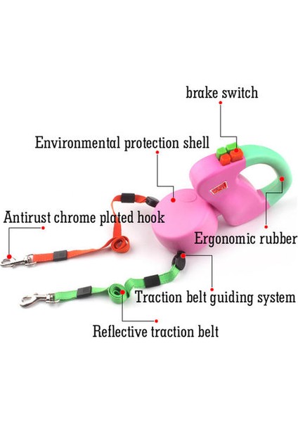 Çift Başlı Evcil Hayvan Tasmalar Otomatik Geri Çekilebilir Köpekler Çekiş Halat Yaratıcı Çift Köpek Yürüyüş Tasma Zincir Evcil Hayvan Malzemeleri | Tasmalar (Pembe) (Yurt Dışından)
