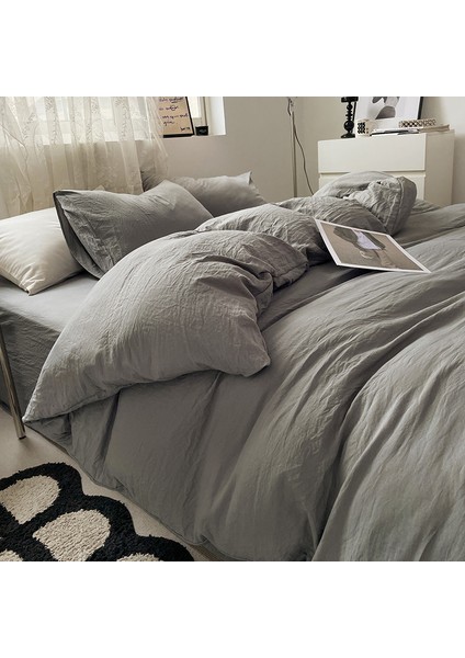 Düz Renkli Yıkanmış Pamuklu Dört Parçalı Yorgan Kapağı ve Çarşaf (Yurt Dışından)