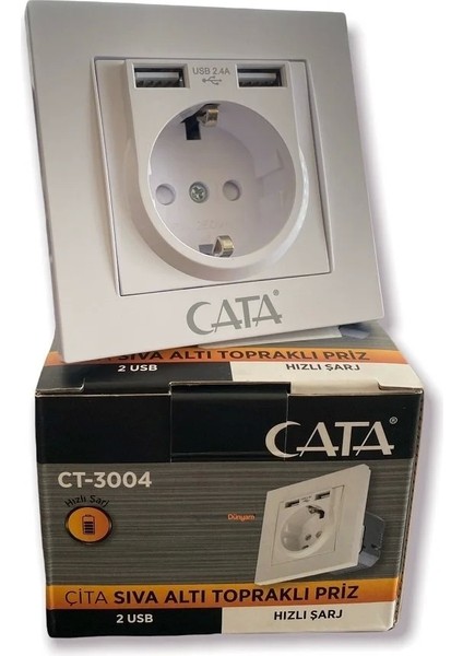 CT-3004 Çift Usb'li Topraklı Priz Hızlı Şarj+Çocuk Koruma