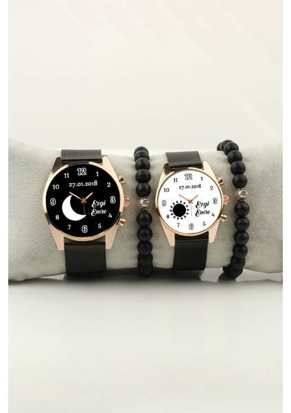 Güneş ve Ay Sevgili Isimler Çift Kol Saati Isim ve Tarih Yazılabilir Bileklik Hediye