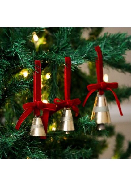 Yılbaşı Ağacı Süsleme Seti 3'lü Kadife Kurdeleli Altın Renk Çanlar