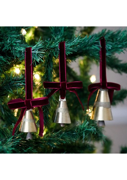 Yılbaşı Ağacı Süsleme Seti 3'lü Kadife Kurdeleli Gold Renk Çan Ağaç Süsü