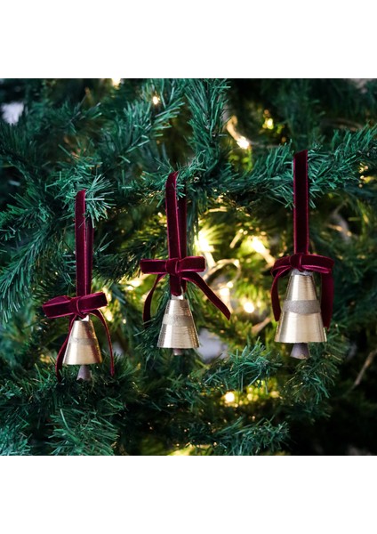 Yılbaşı Ağacı Süsleme Seti 3'lü Kadife Kurdeleli Gold Renk Çan Ağaç Süsü modelleri