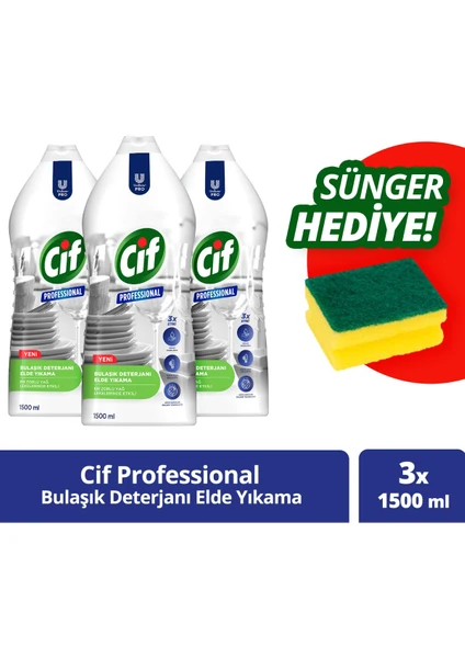 Profesyonel Bulaşık Deterjanı Elde Yıkama Yağ Leke Çıkarıcı 1500ML X3 + Bulaşık Süngeri Hediyex2