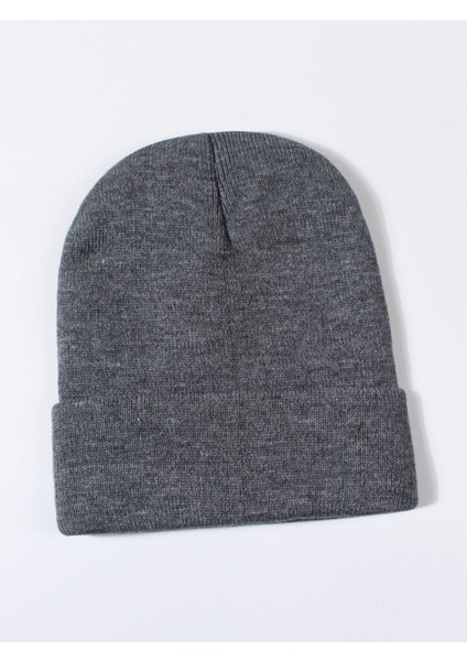 Gri Unisex Katlamalı Triko Düz Bere