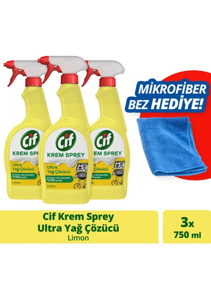 Krem Sprey Limon Ultra Yağ Çözücü Yüzey Temizleyici 750 ml X3 + Mikrofiber Bez Hediye X1