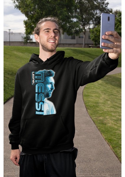 Mavi Leonel Messi Baskılı Kapüşonlu Sweatshirt, Unisex Oversize Messi Baskılı Hoodie