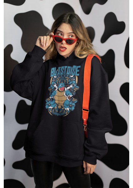 Blastoise Pokemon Baskılı Kapüşonlu Sweatshirt, Unisex Oversize Pokemon Baskılı Hoodie