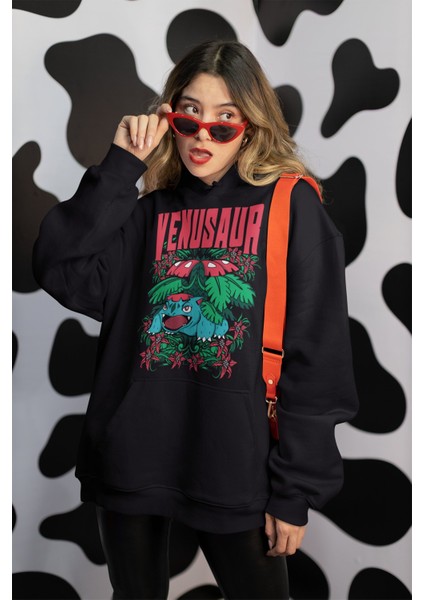 Venusaur Pokemon Baskılı Kapüşonlu Sweatshirt, Unisex Oversize Pokemon Baskılı Hoodie