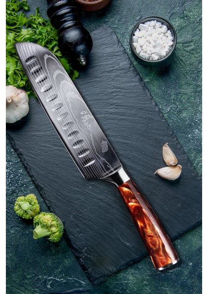 Japon Santoku Şef Bıçağı ( Kırmızı Reçine Saplı )