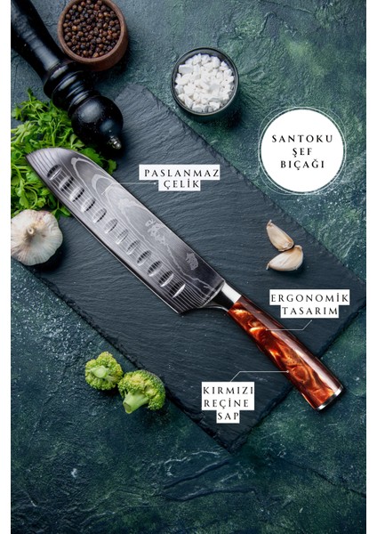 Japon Santoku Şef Bıçağı ( Kırmızı Reçine Saplı )