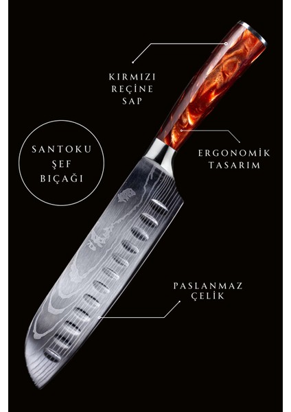 Japon Santoku Şef Bıçağı ( Kırmızı Reçine Saplı )