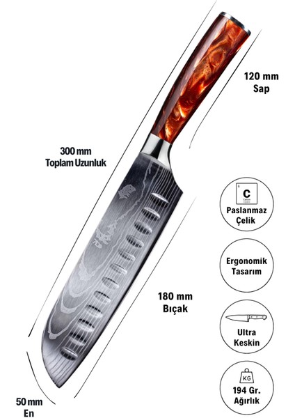 Japon Santoku Şef Bıçağı ( Kırmızı Reçine Saplı )