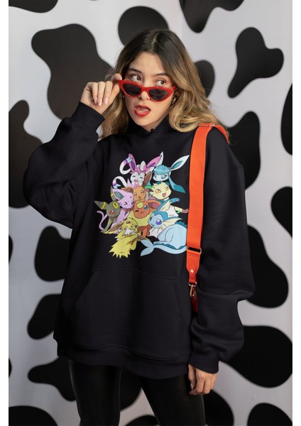 Eevee Pokemon Baskılı Kapüşonlu Sweatshirt, Unisex Oversize Pokemon Baskılı Hoodie