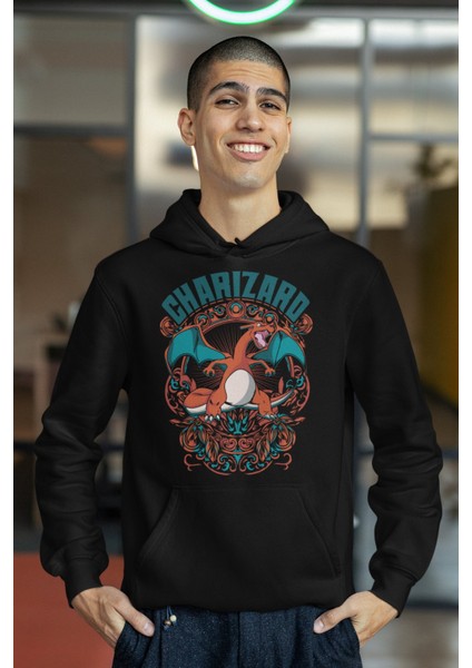 Fuddy Moda Charizard Pokemon Baskılı Kapüşonlu Sweatshirt, Unisex Oversize Pokemon Baskılı Hoodie