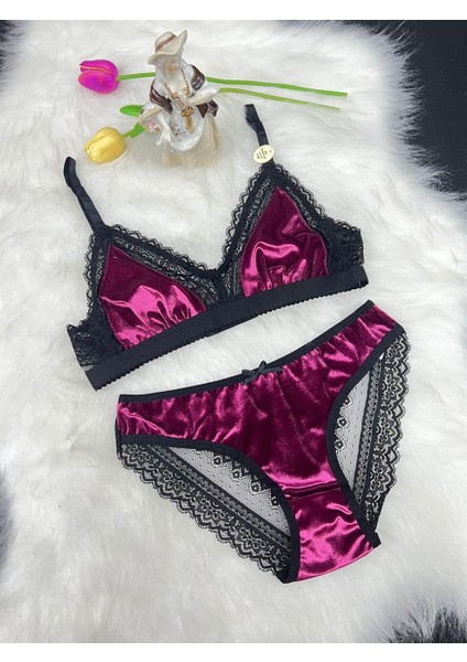 Dantelli Kadife Bralet Sütyen Takım 80153 Bordo